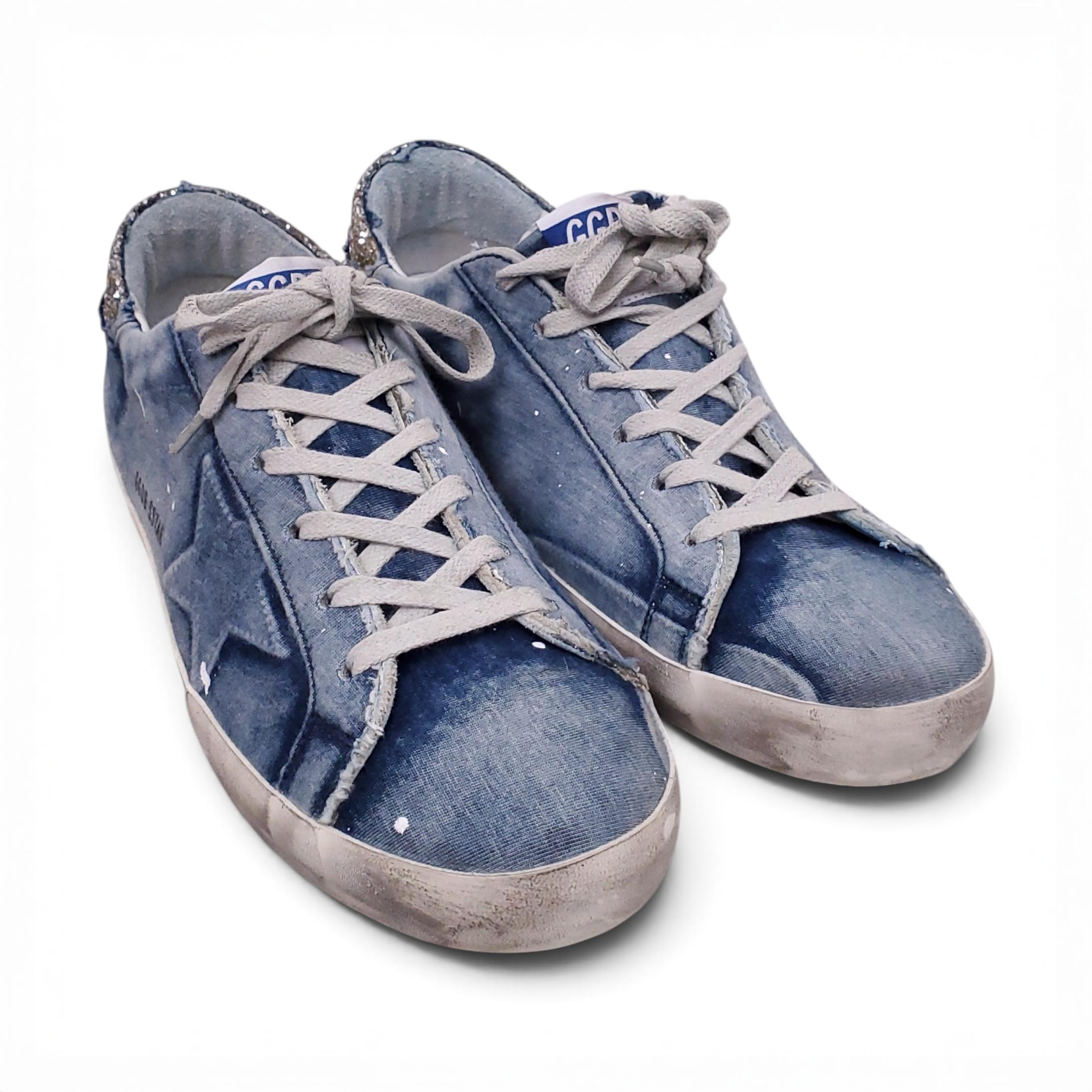 GOLDEN GOOSE SUPERSTAR DENIM SNEAKERS WITH GLITTER DETAIL - SIZE 41