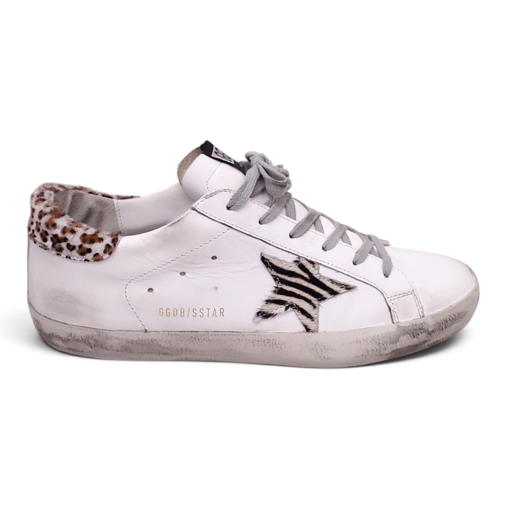 GOLDEN GOOSE SUPERSTAR WHITE SNEAKERS WITH LEOPARD DETAIL - SIZE 41