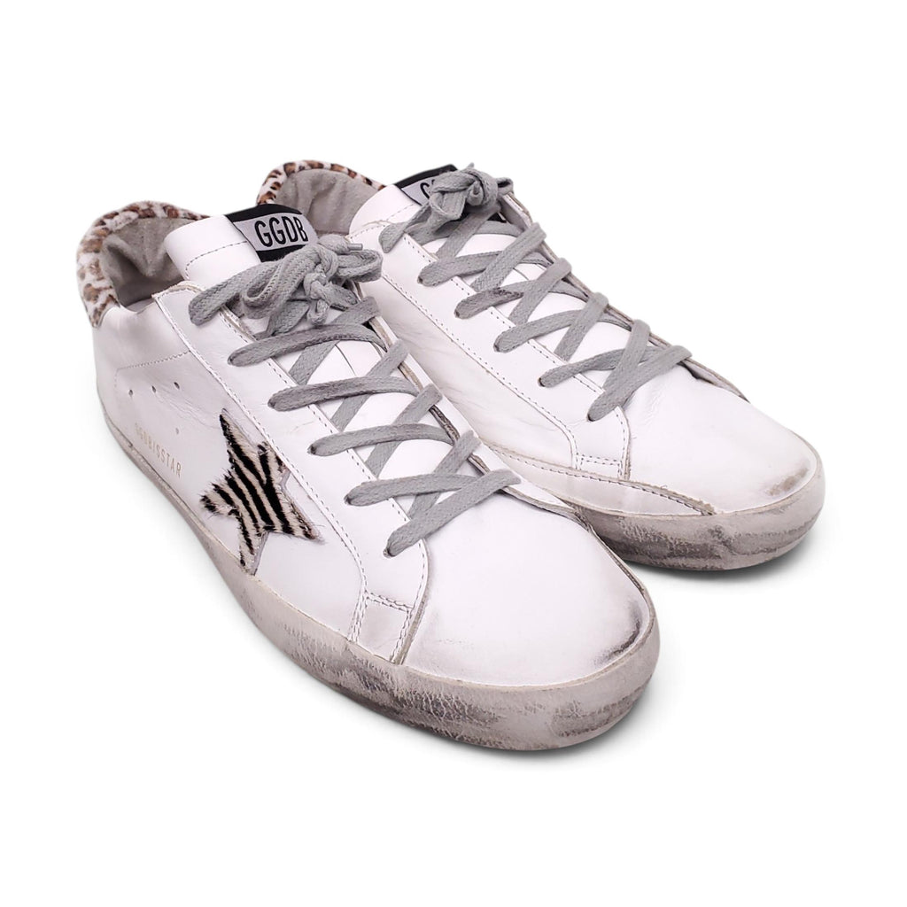 GOLDEN GOOSE SUPERSTAR WHITE SNEAKERS WITH LEOPARD DETAIL - SIZE 41