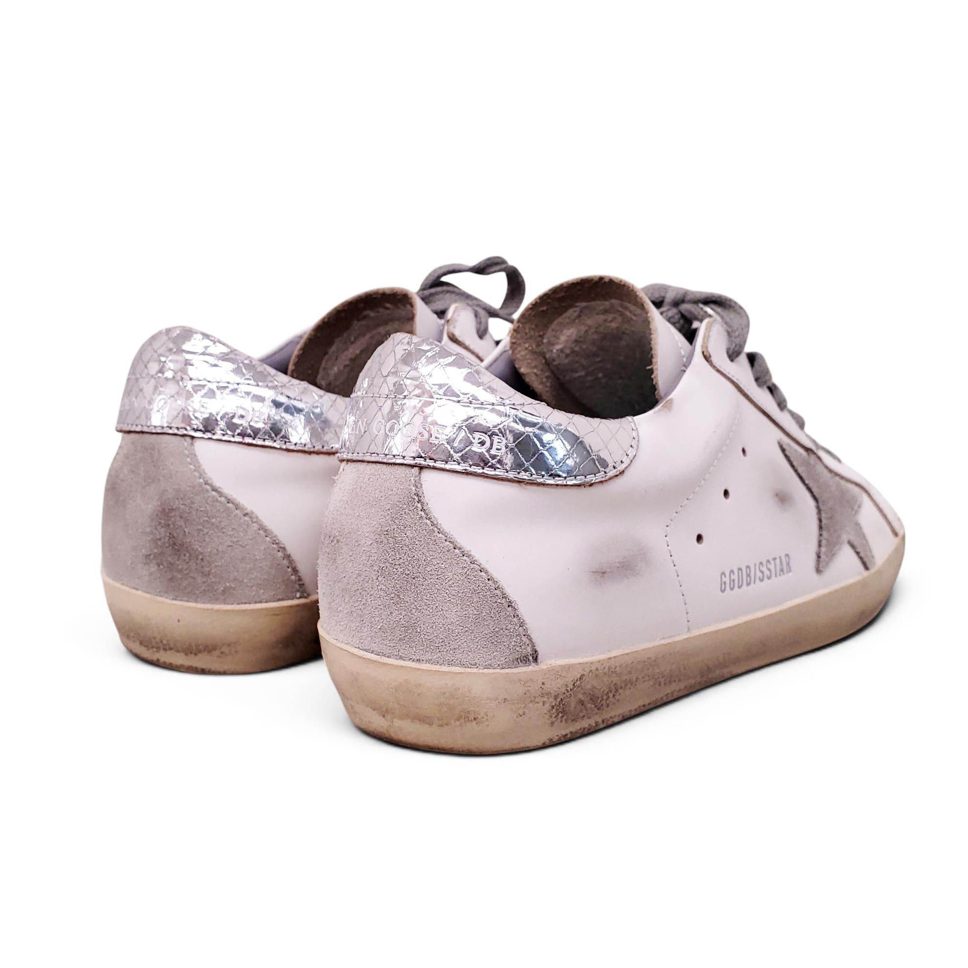 GOLDEN GOOSE WHITE AND SILVER SUPER-STAR SNEAKERS - SIZE 38