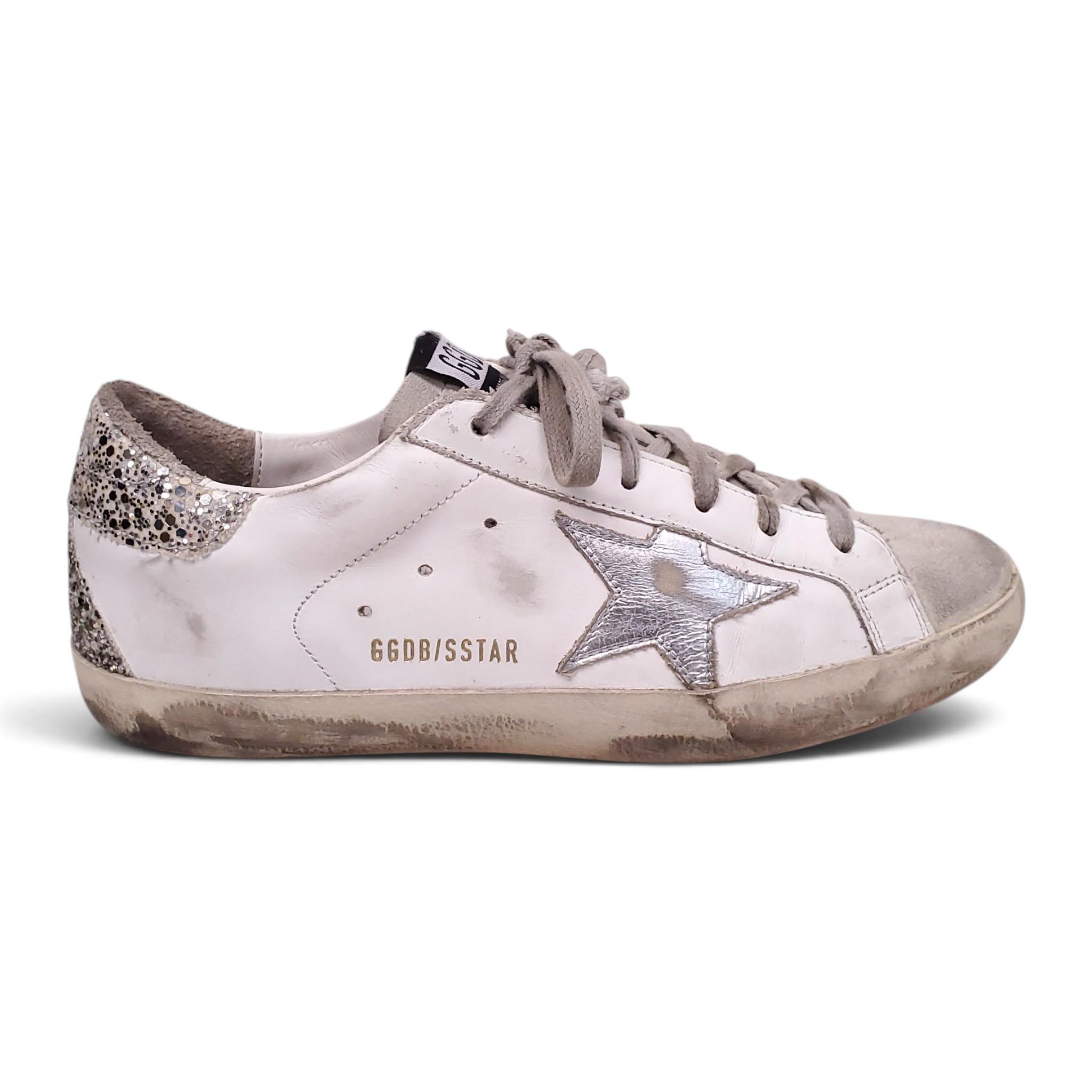 GOLDEN GOOSE WHITE SNEAKERS WITH GLITTER DETAILS - SIZE 37
