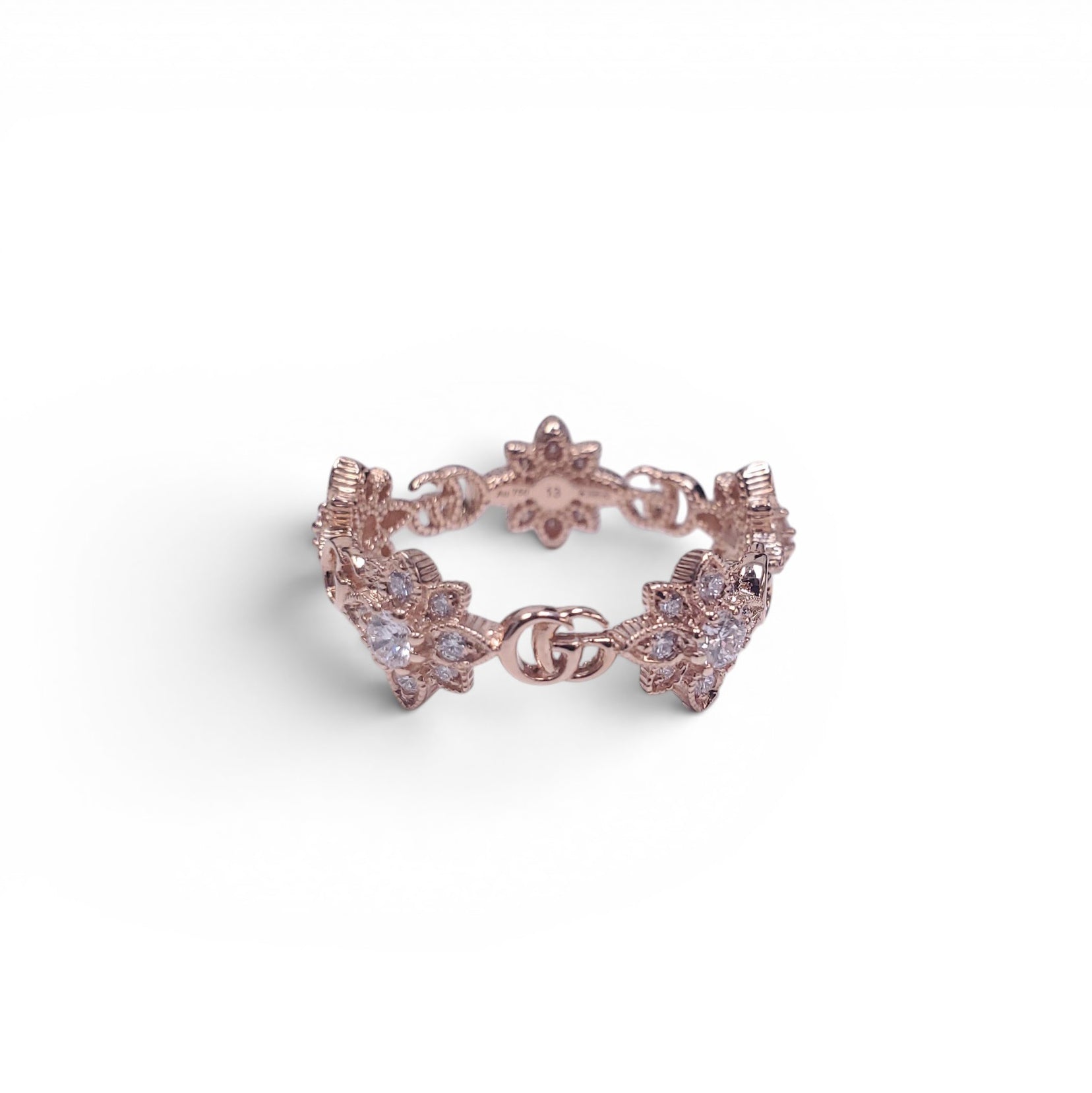 GUCCI 18K GOLD AND DIAMOND FLORAL LOGO RING