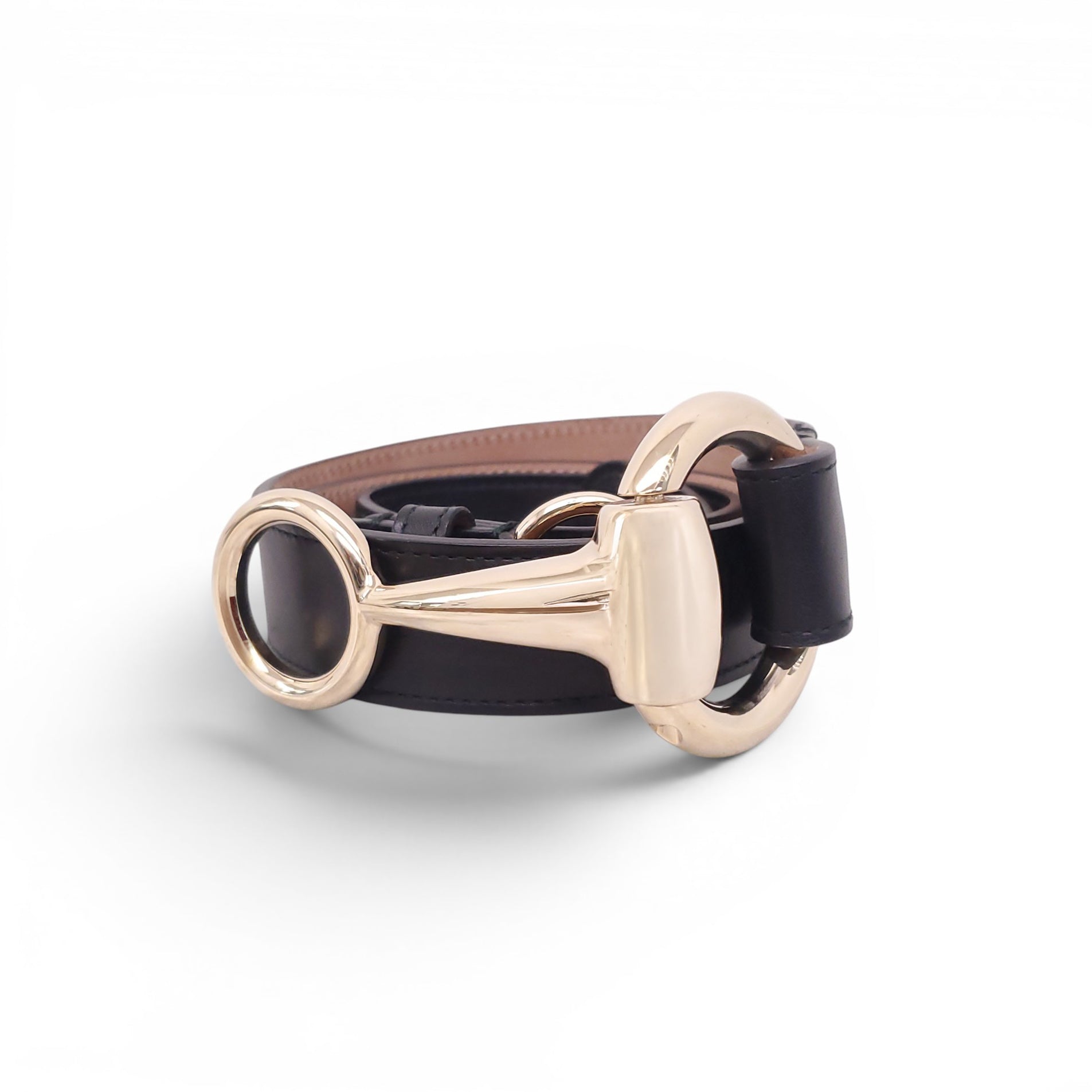 GUCCI BLACK BELT WITH GOLD HORSEBIT BUCKLE - SIZE 85
