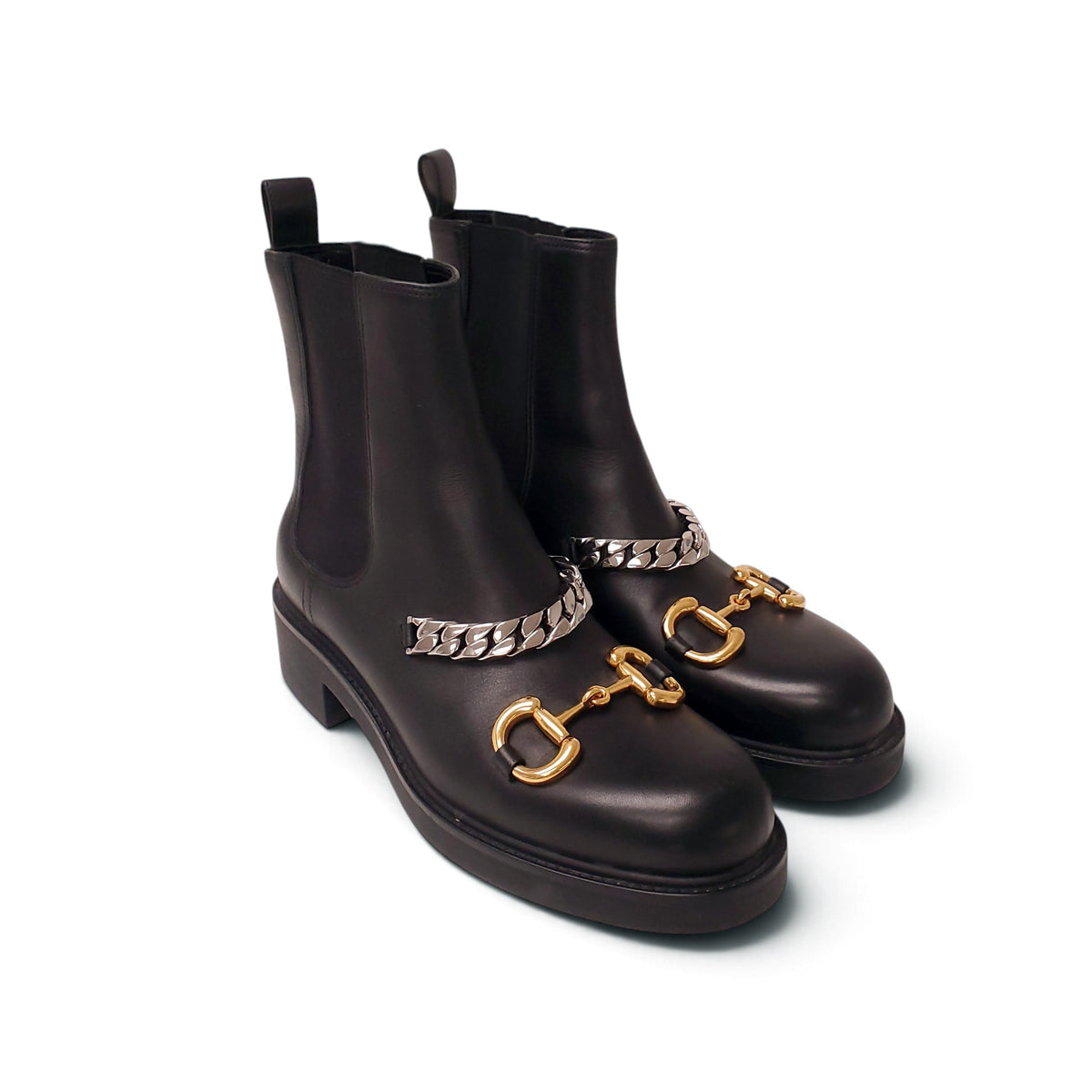 GUCCI BLACK BOOTS WITH HORSEBIT AND CHAIN DETAIL - SIZE 39.5