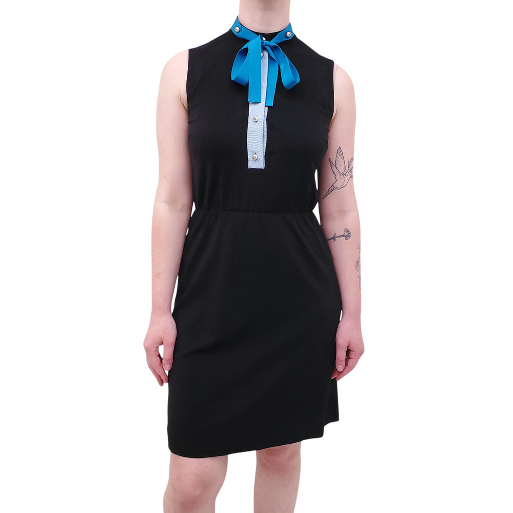 GUCCI BLACK DRESS WITH BLUE RIBBON AND PEARL LOGO BUTTONS - SIZE S