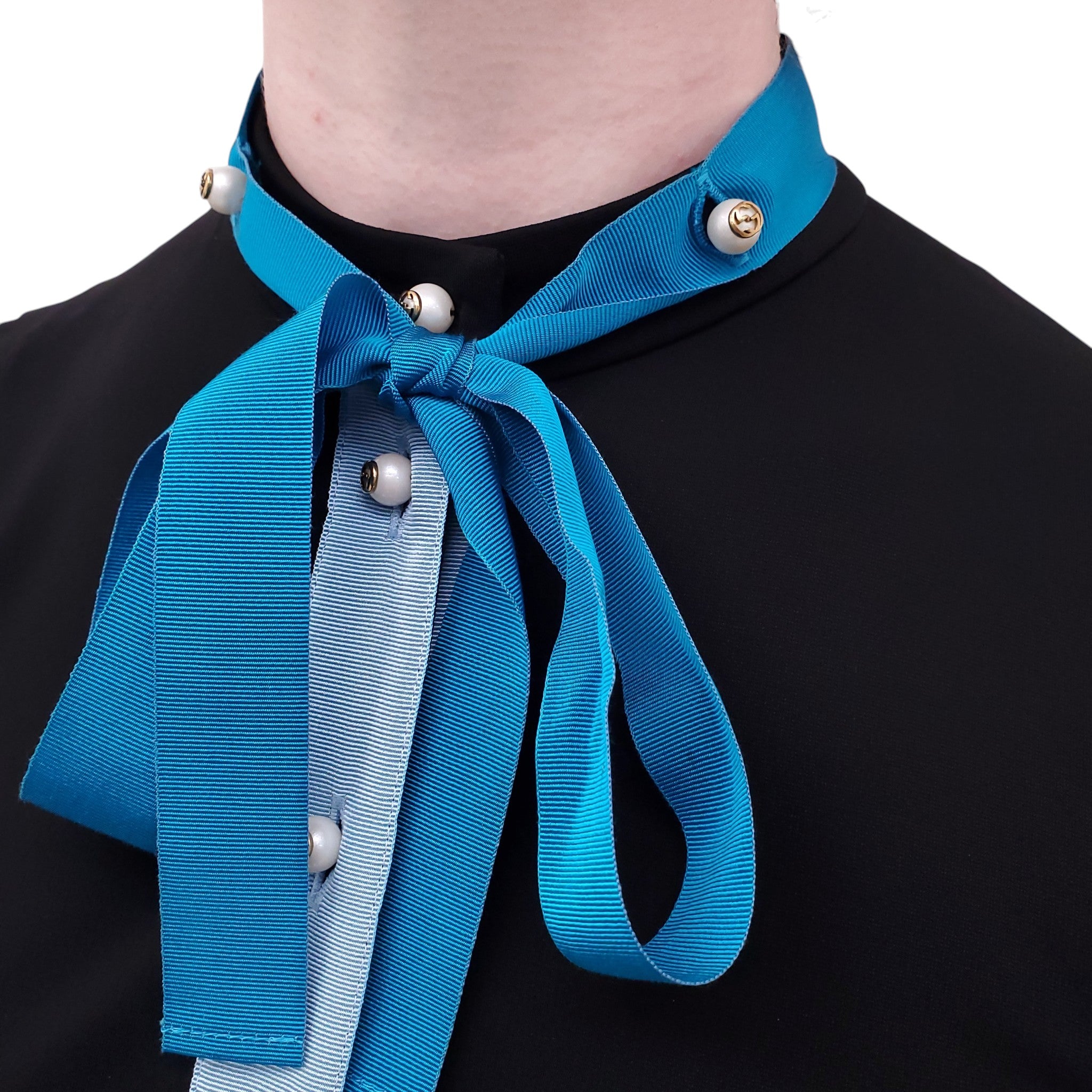 GUCCI BLACK DRESS WITH BLUE RIBBON AND PEARL LOGO BUTTONS - SIZE S
