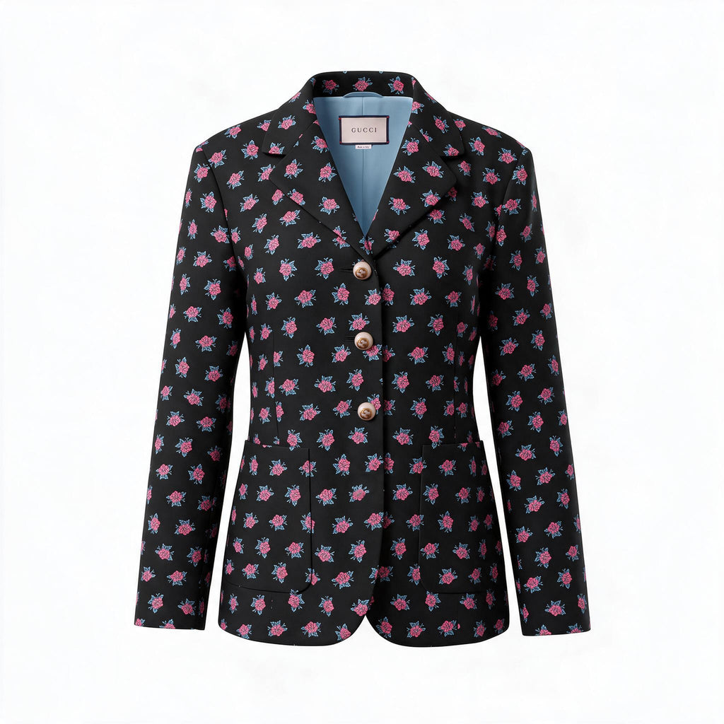 GUCCI BLACK FLORAL BLAZER WITH PEARL LOGO BUTTONS - SIZE 42
