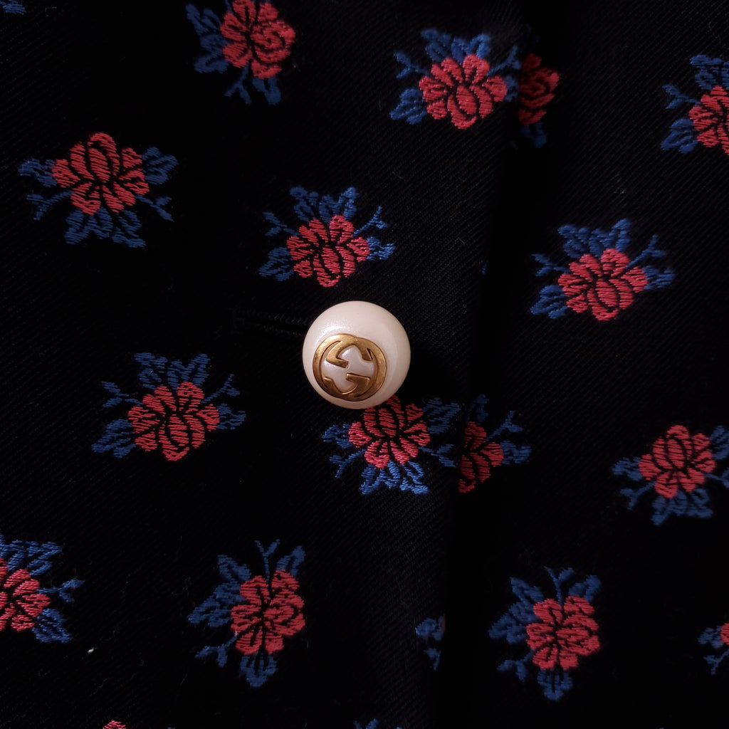 GUCCI BLACK FLORAL BLAZER WITH PEARL LOGO BUTTONS - SIZE 42