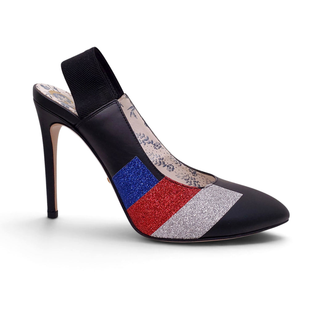 GUCCI BLACK HEELS WITH RED/BLUE/WHITE METALLIC STRIPE HEELS - SIZE 36.5