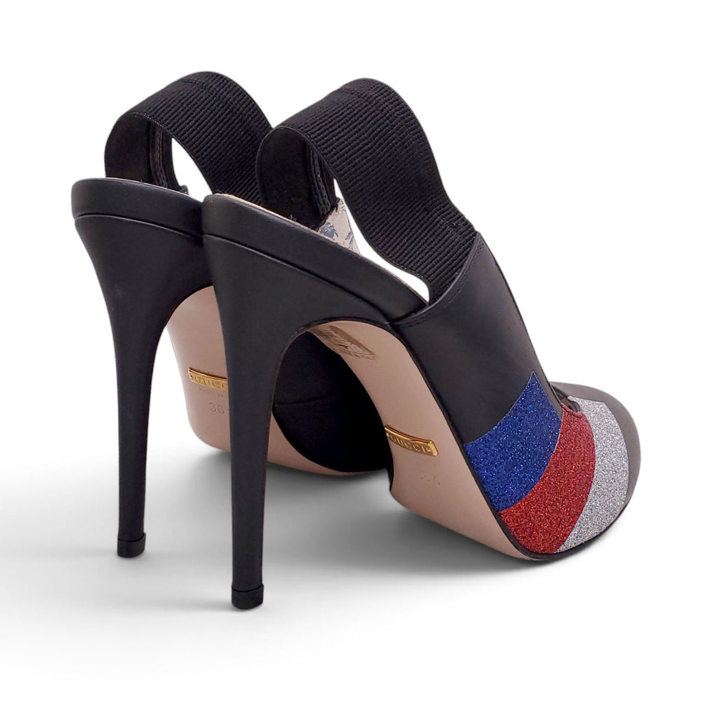 GUCCI BLACK HEELS WITH RED/BLUE/WHITE METALLIC STRIPE HEELS - SIZE 36.5