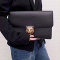 GUCCI BLACK LEATHER ANIMALIER FLAP CLUTCH BAG