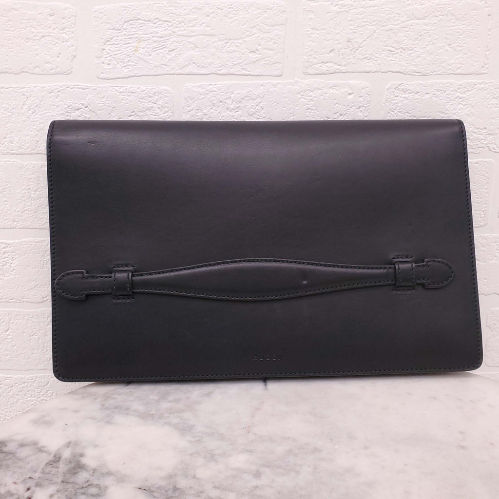 GUCCI BLACK LEATHER ANIMALIER FLAP CLUTCH BAG