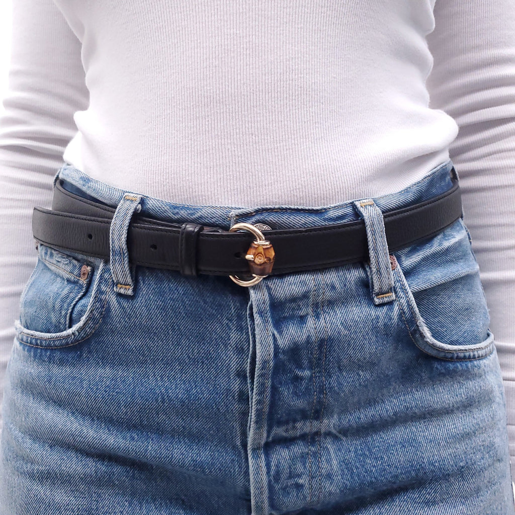 GUCCI BLACK LEATHER BELT WITH BAMBOO DETAIL - SIZE 90