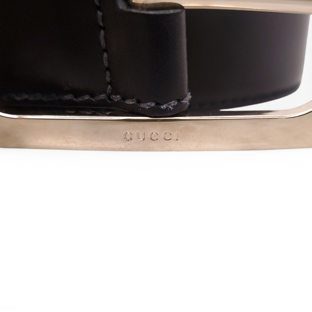 GUCCI BLACK LEATHER BELT WITH LARGE GOLD BUCKLE - SIZE 90