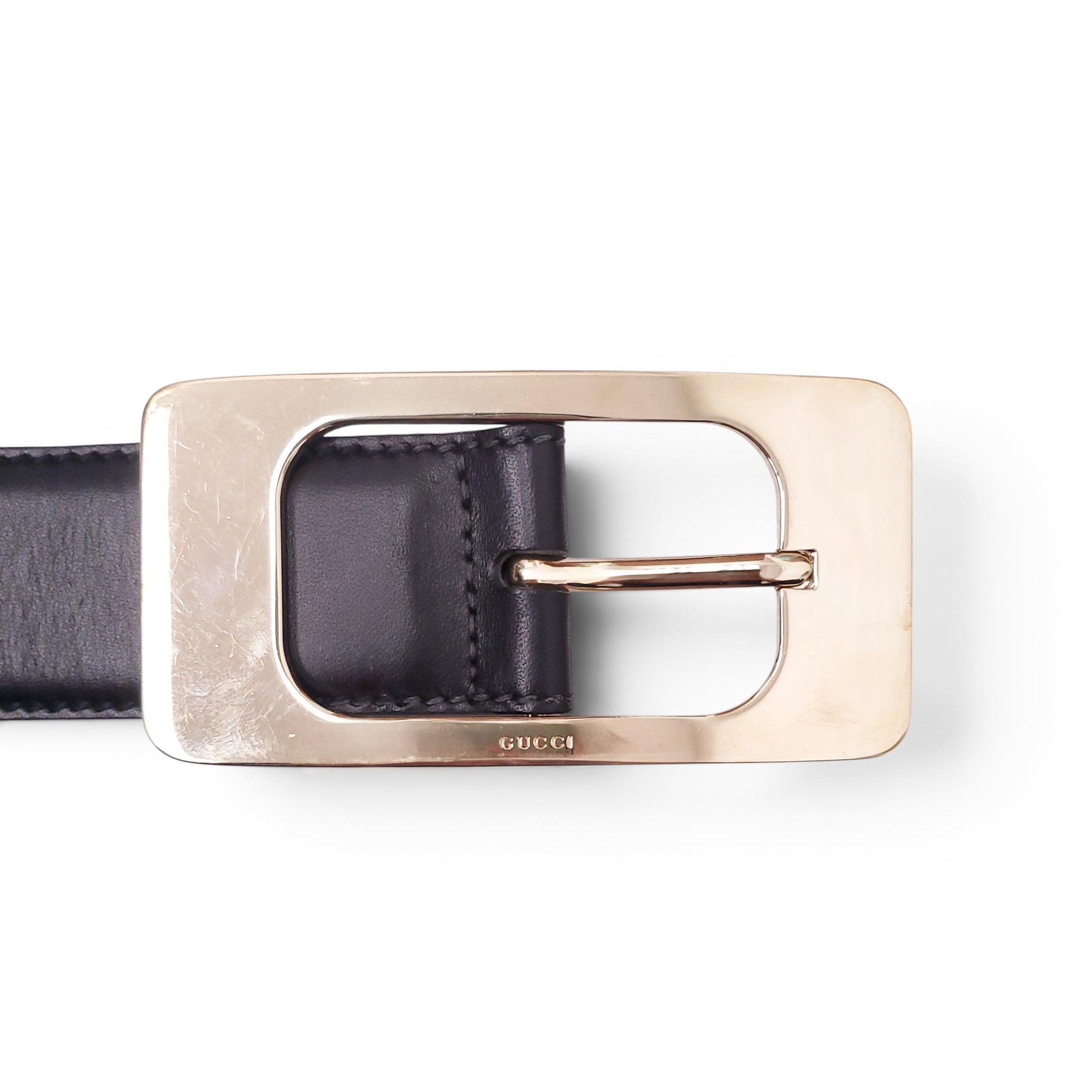 GUCCI BLACK LEATHER BELT WITH LARGE GOLD BUCKLE - SIZE 90
