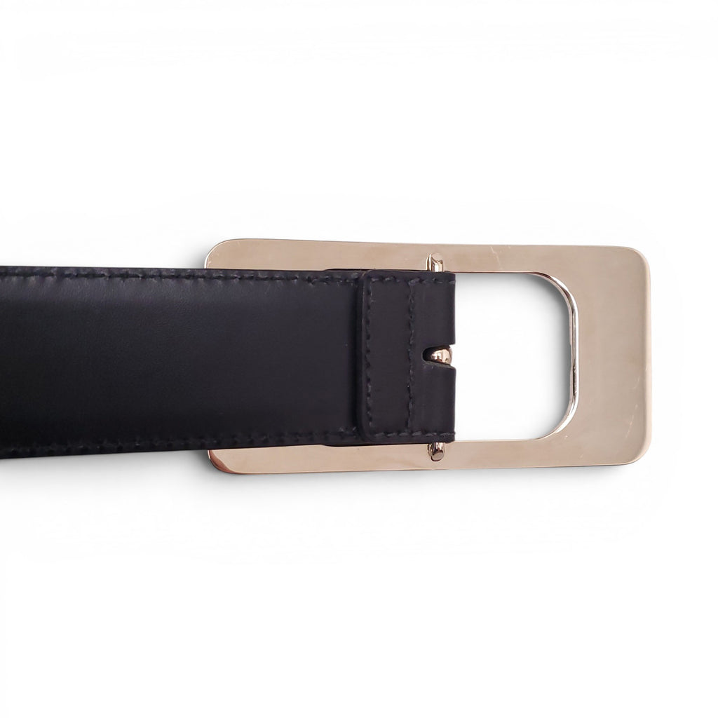 GUCCI BLACK LEATHER BELT WITH LARGE GOLD BUCKLE - SIZE 90