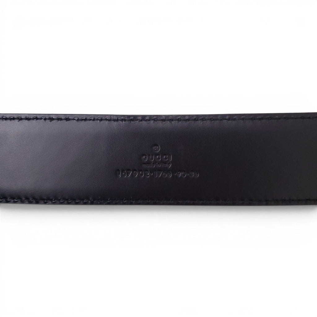 GUCCI BLACK LEATHER BELT WITH LARGE GOLD BUCKLE - SIZE 90