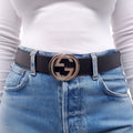 GUCCI BLACK LEATHER BELT WITH SILVER GG LOGO BUCKLE - SIZE 90