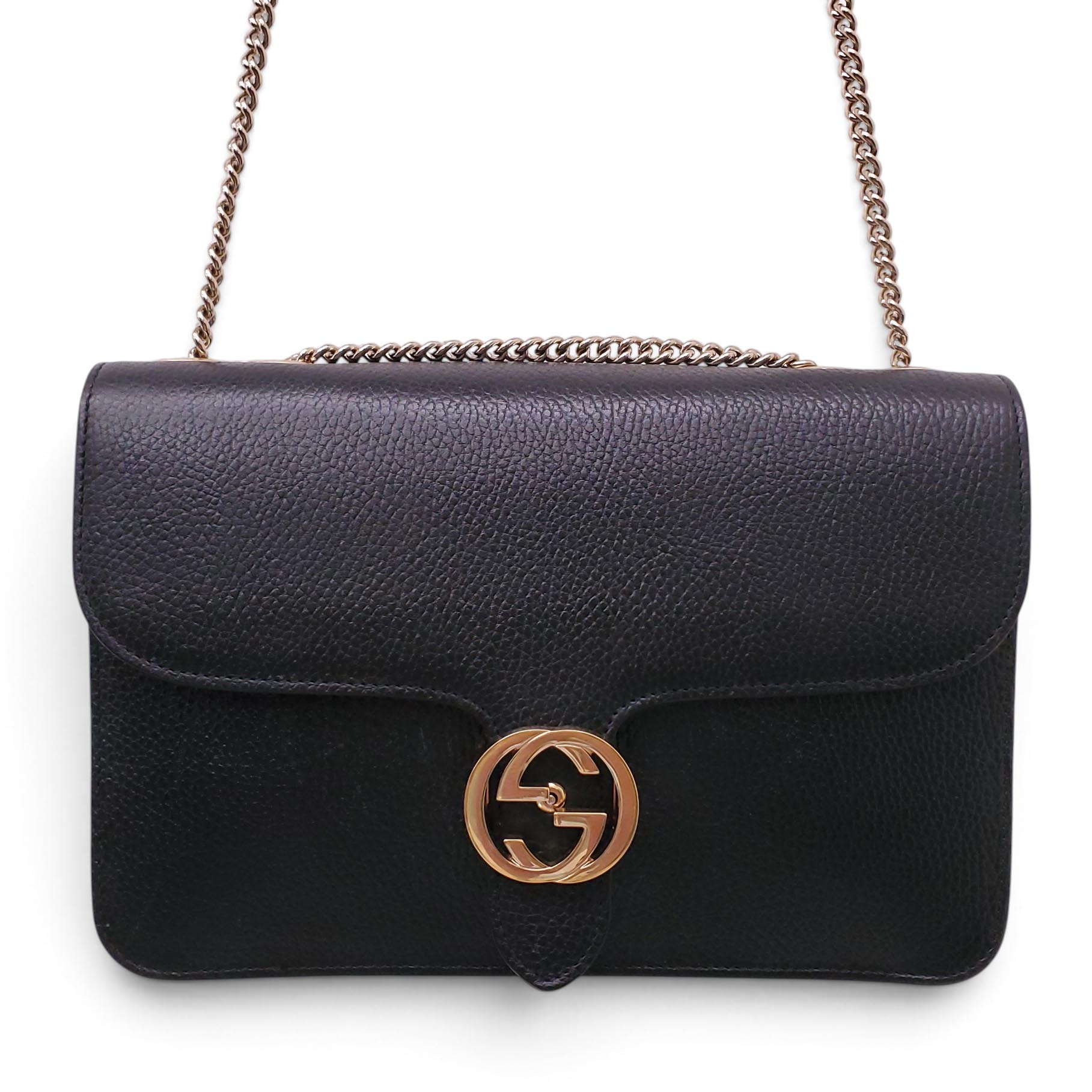 GUCCI BLACK LEATHER CHAIN LINK INTERLOCKING GG BAG