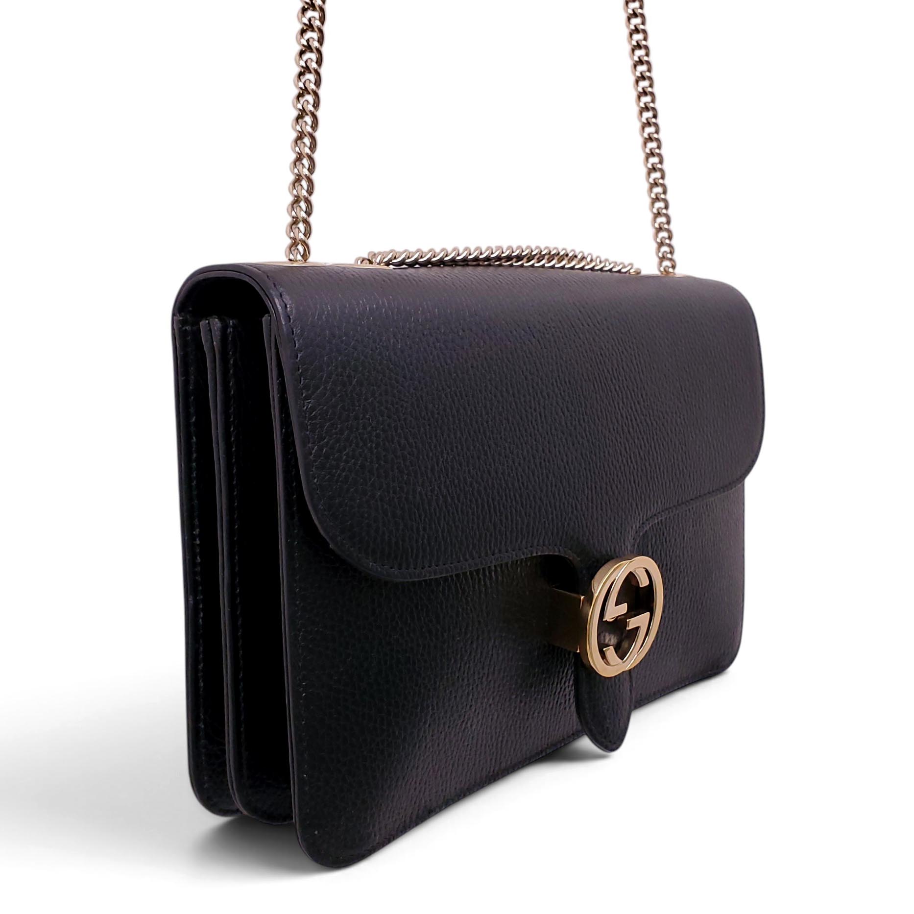 GUCCI BLACK LEATHER CHAIN LINK INTERLOCKING GG BAG