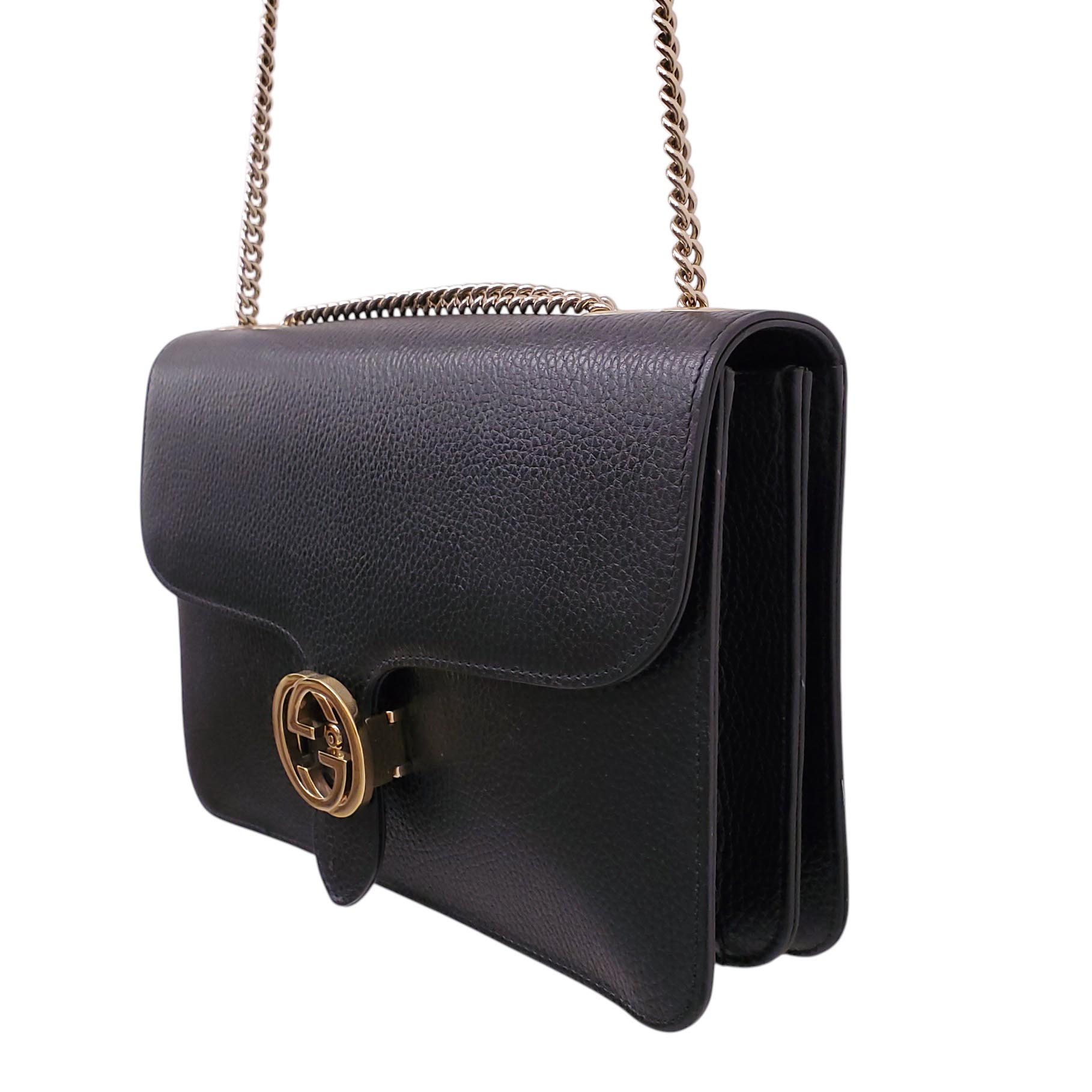 GUCCI BLACK LEATHER CHAIN LINK INTERLOCKING GG BAG