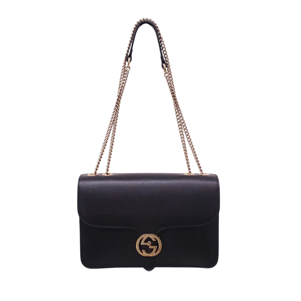 GUCCI BLACK LEATHER CHAIN LINK INTERLOCKING GG BAG