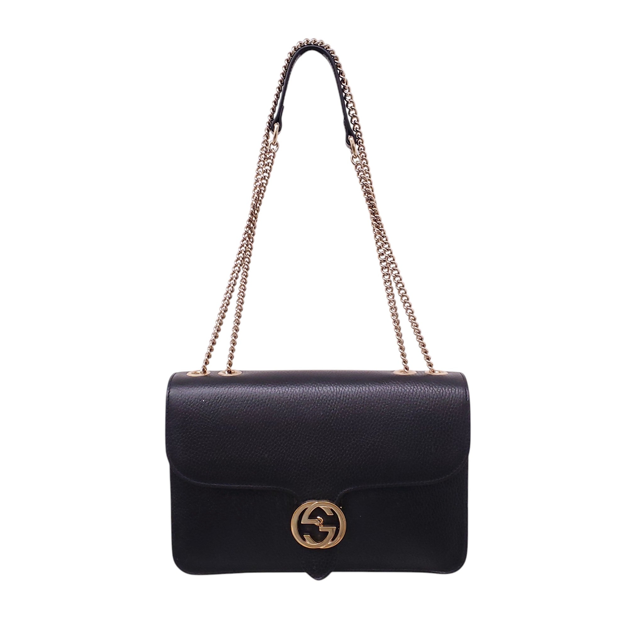 GUCCI BLACK LEATHER CHAIN LINK INTERLOCKING GG BAG