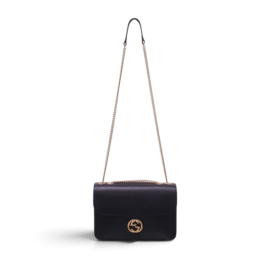 GUCCI BLACK LEATHER CHAIN LINK INTERLOCKING GG BAG