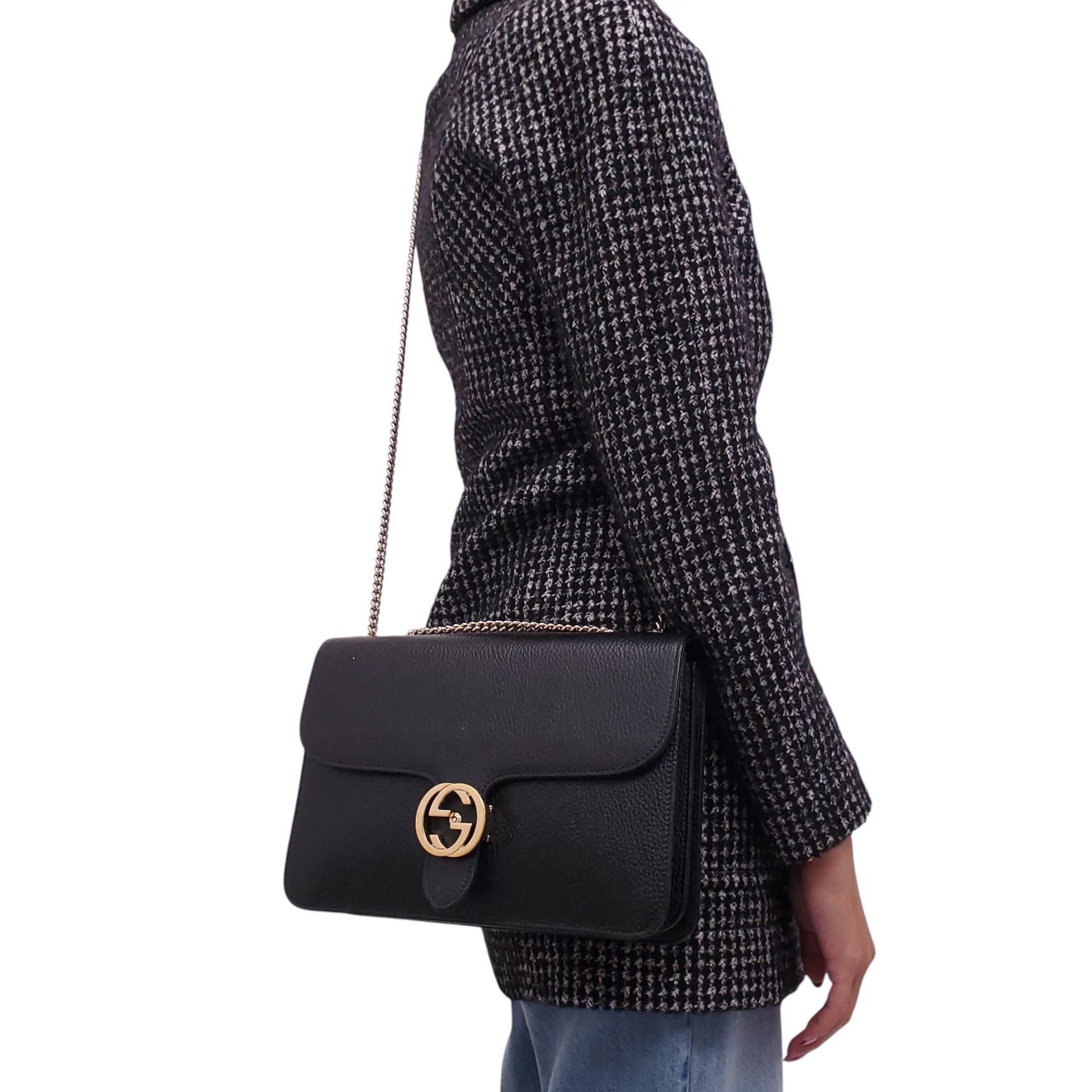 GUCCI BLACK LEATHER CHAIN LINK INTERLOCKING GG BAG