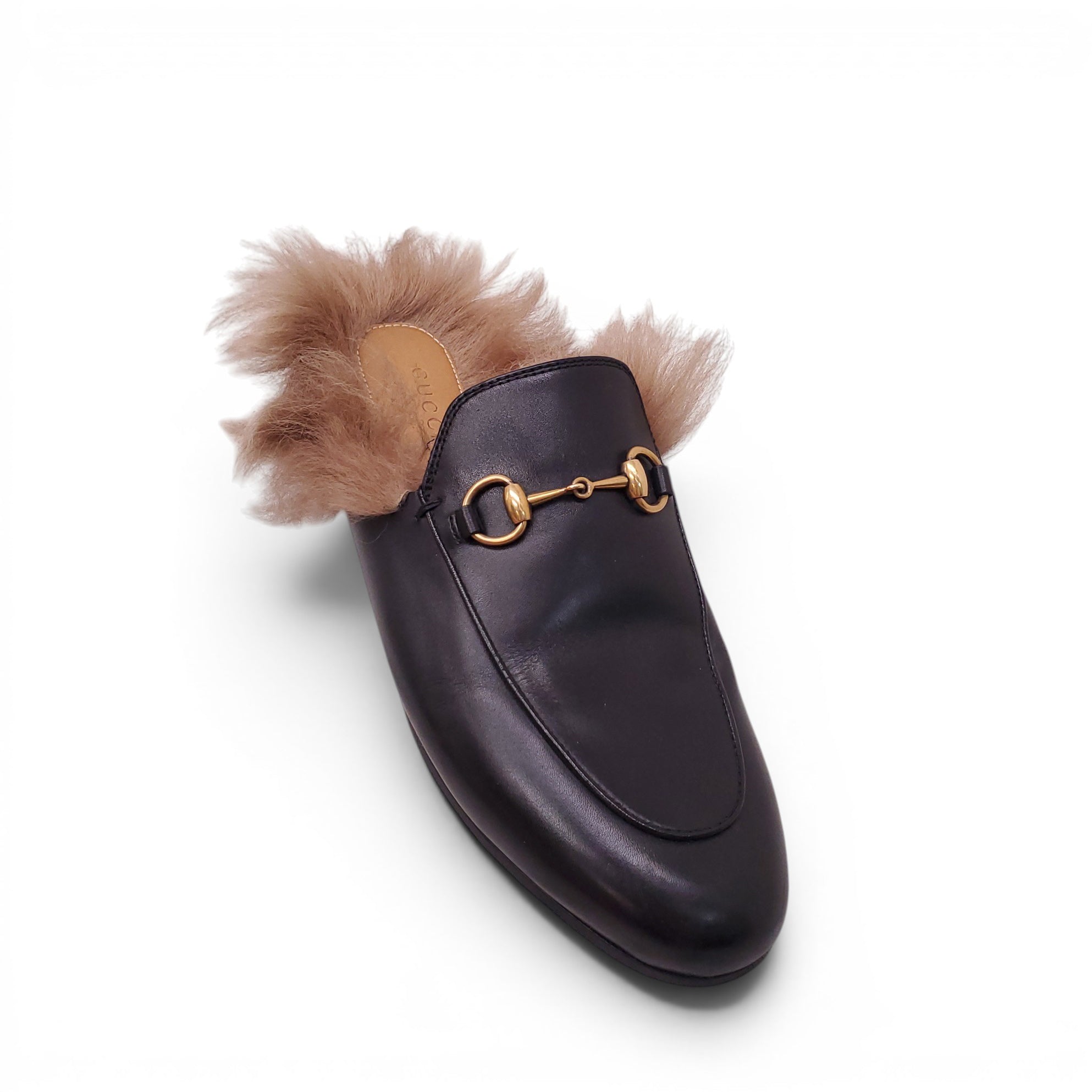 GUCCI BLACK LEATHER HORSEBIT FUR MULES - SIZE 37