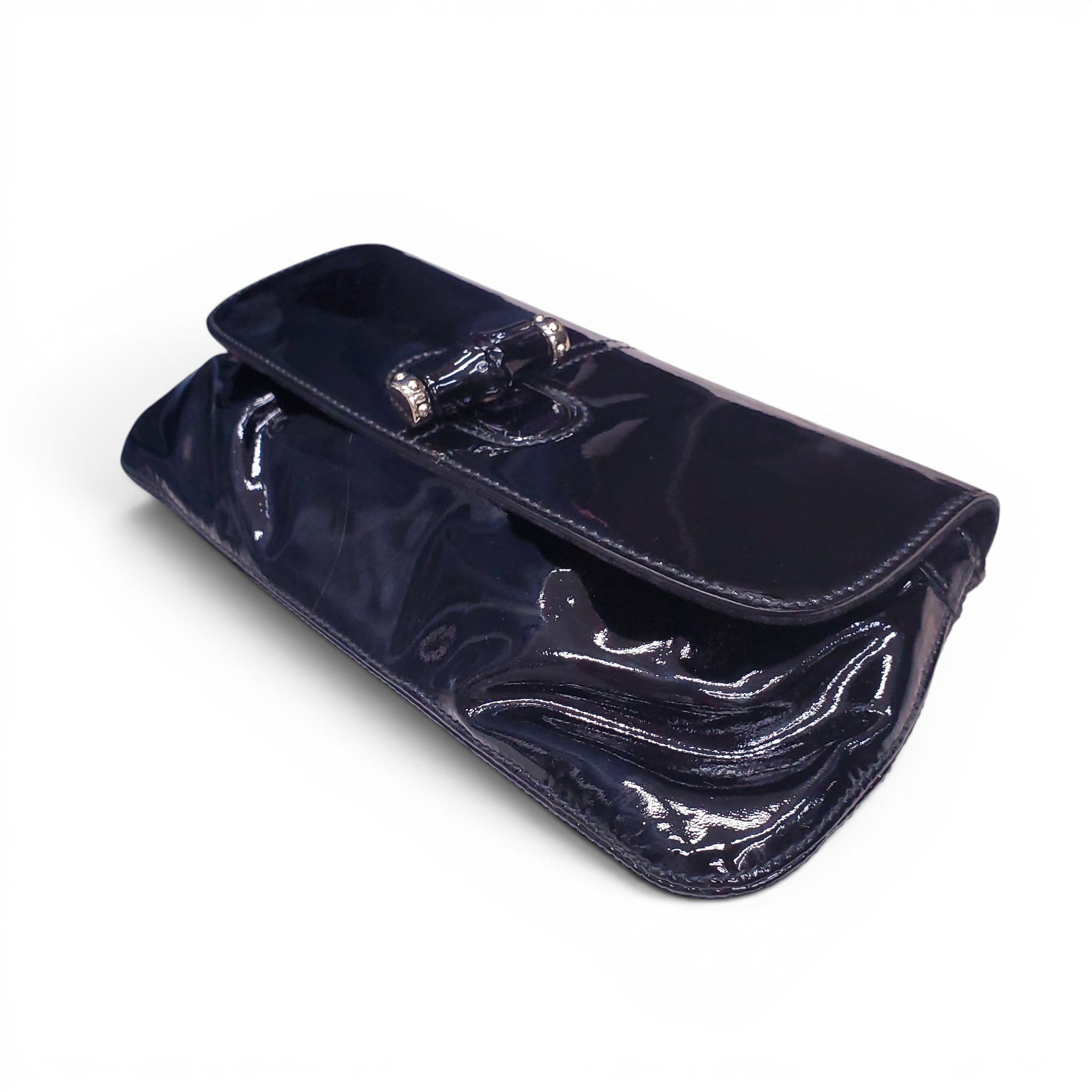 GUCCI BLACK PATENT LEATHER BAMBOO CLUTCH