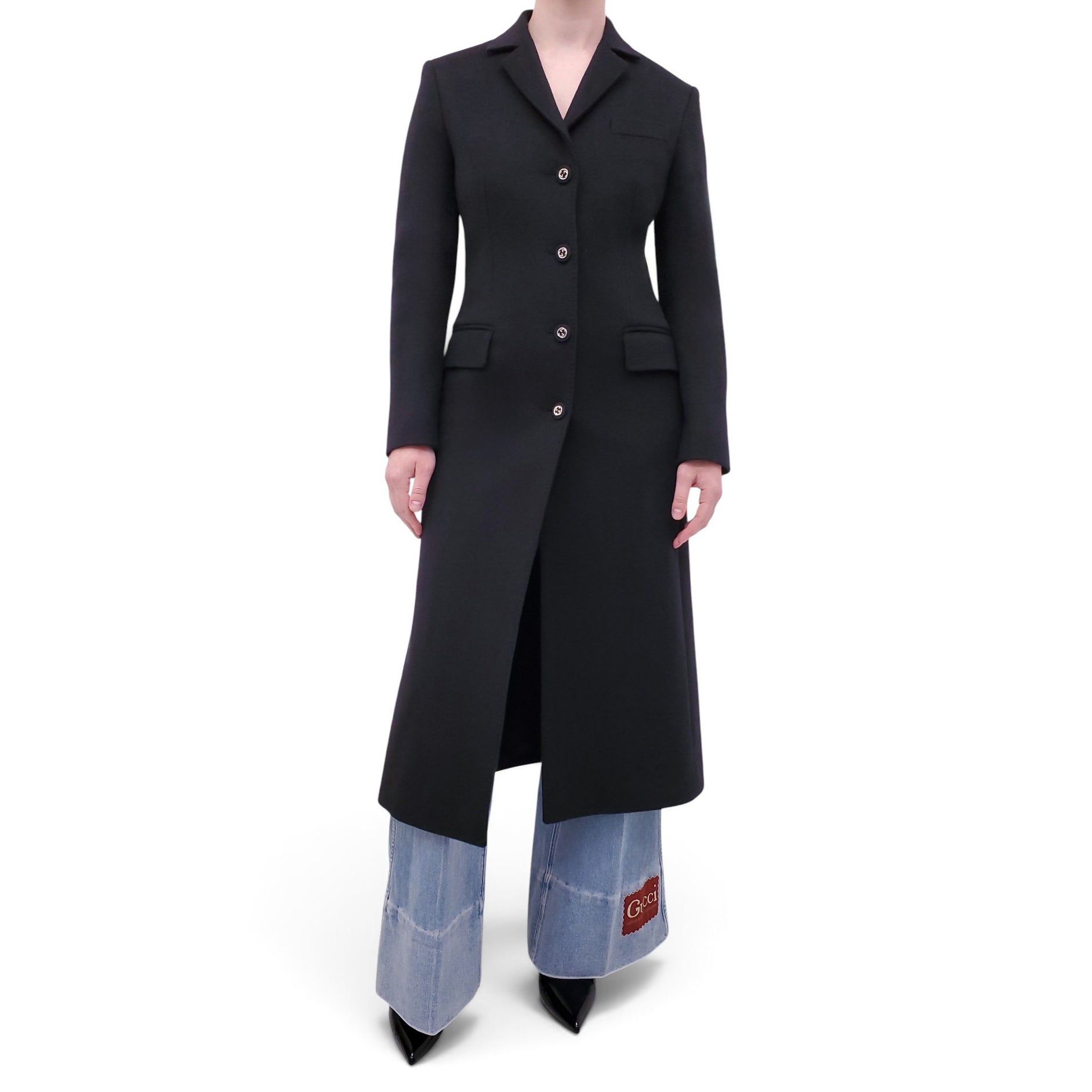 GUCCI BLACK PEACOAT WITH GG LOGO BUTTONS - SIZE 36