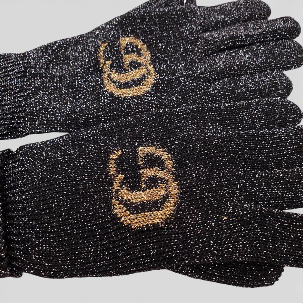 GUCCI BLACK SPARKLE LOGO HEADBAND AND GLOVES - SIZE M (HEADBAND), SIZE L (GLOVES)