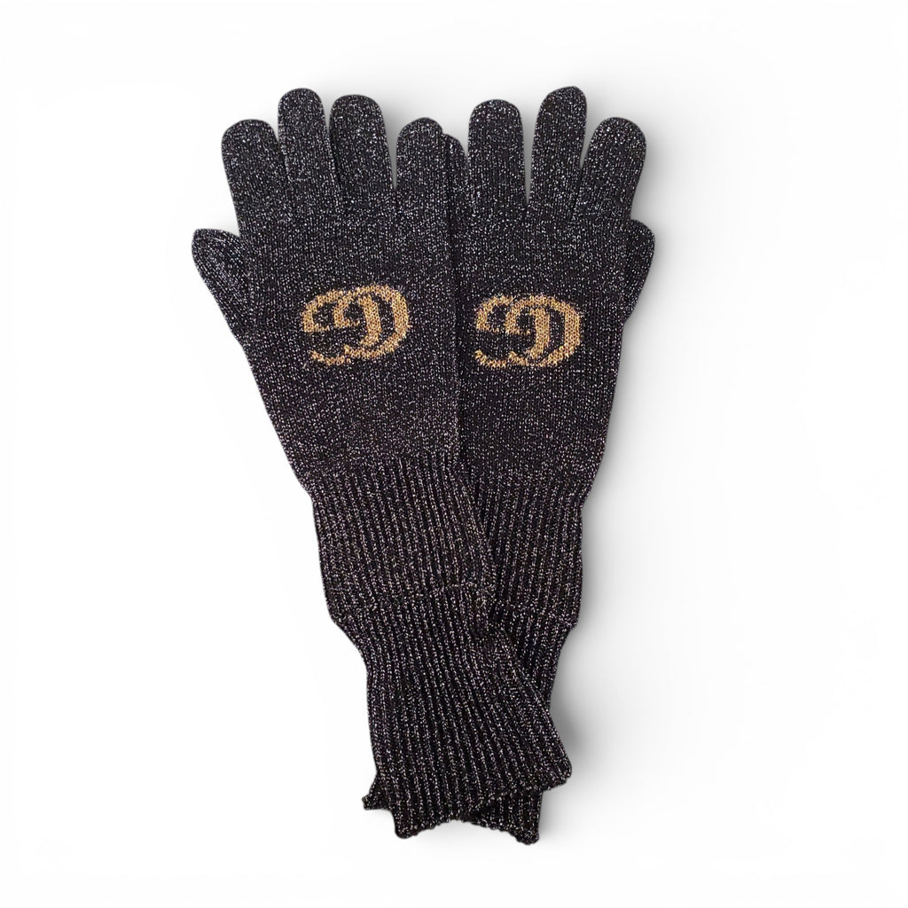 GUCCI BLACK SPARKLE LOGO HEADBAND AND GLOVES - SIZE M (HEADBAND), SIZE L (GLOVES)