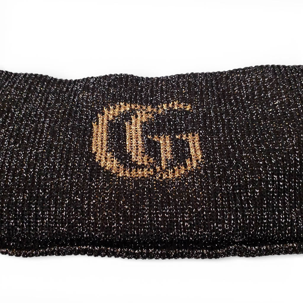 GUCCI BLACK SPARKLE LOGO HEADBAND AND GLOVES - SIZE M (HEADBAND), SIZE L (GLOVES)