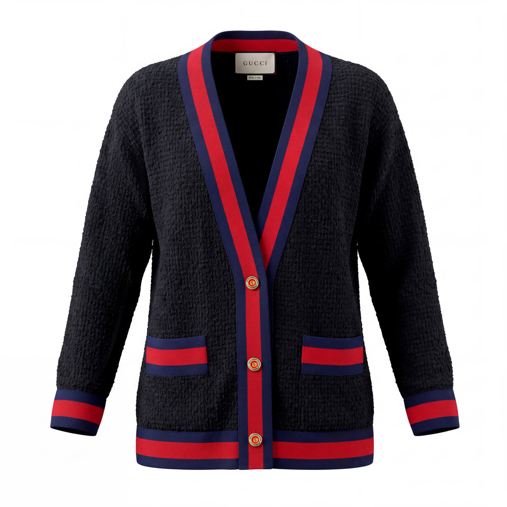 GUCCI BLACK TWEED OVERSIZED SWEATER JACKET WITH WEB DETAIL AND LOGO BUTTONS - SIZE 36