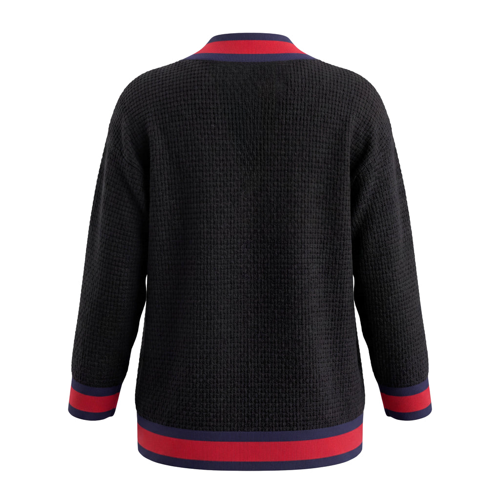 GUCCI BLACK TWEED OVERSIZED SWEATER JACKET WITH WEB DETAIL AND LOGO BUTTONS - SIZE 36