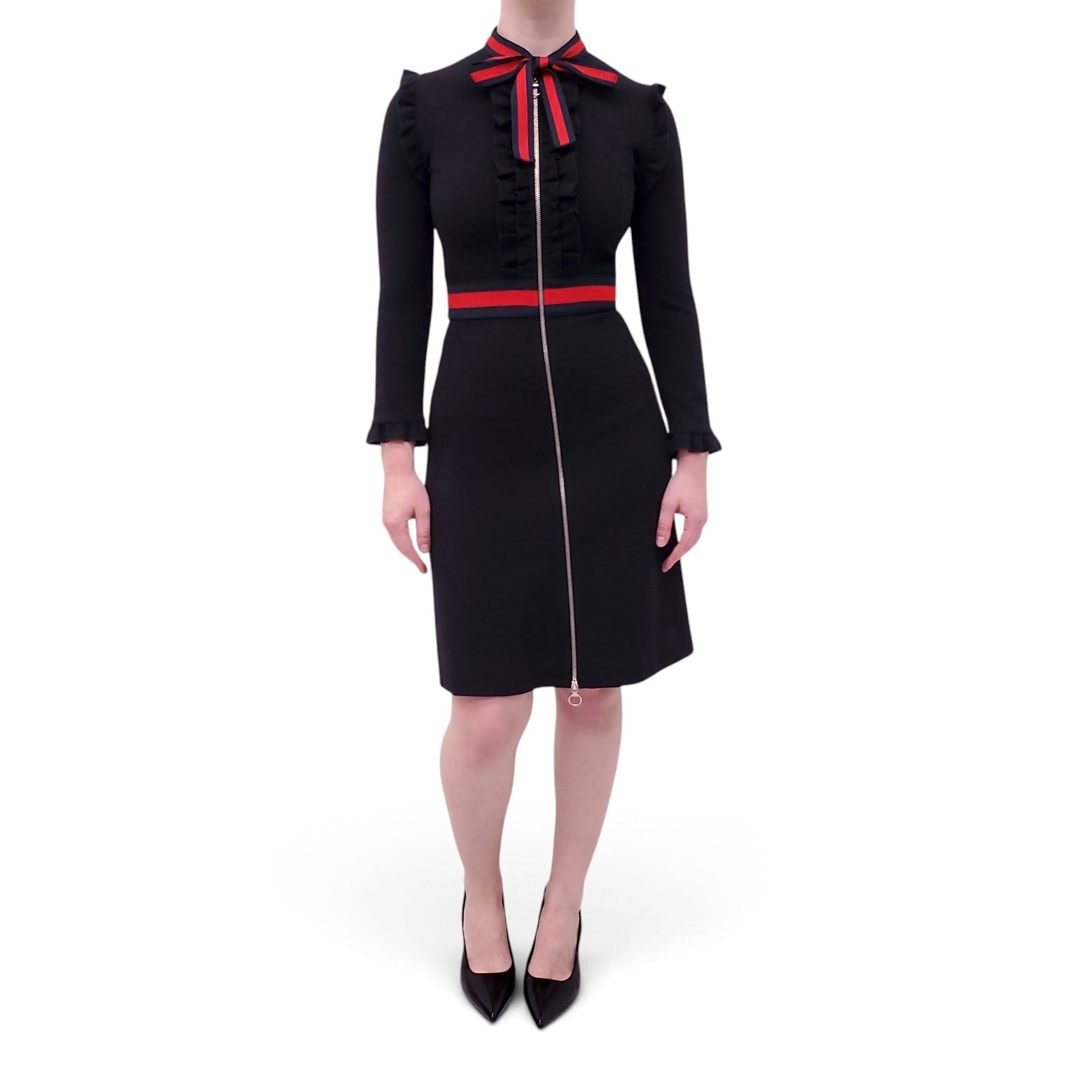 GUCCI BLACK ZIP-UP DRESS WITH RED RIBBON DETAILS - SIZE S