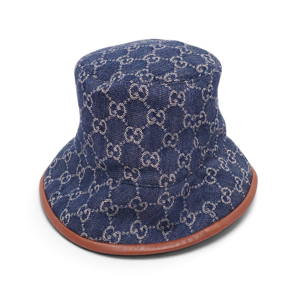GUCCI BLUE AND BROWN MONOGRAM DENIM WITH LEATHER TRIM BUCKET HAT - SIZE M