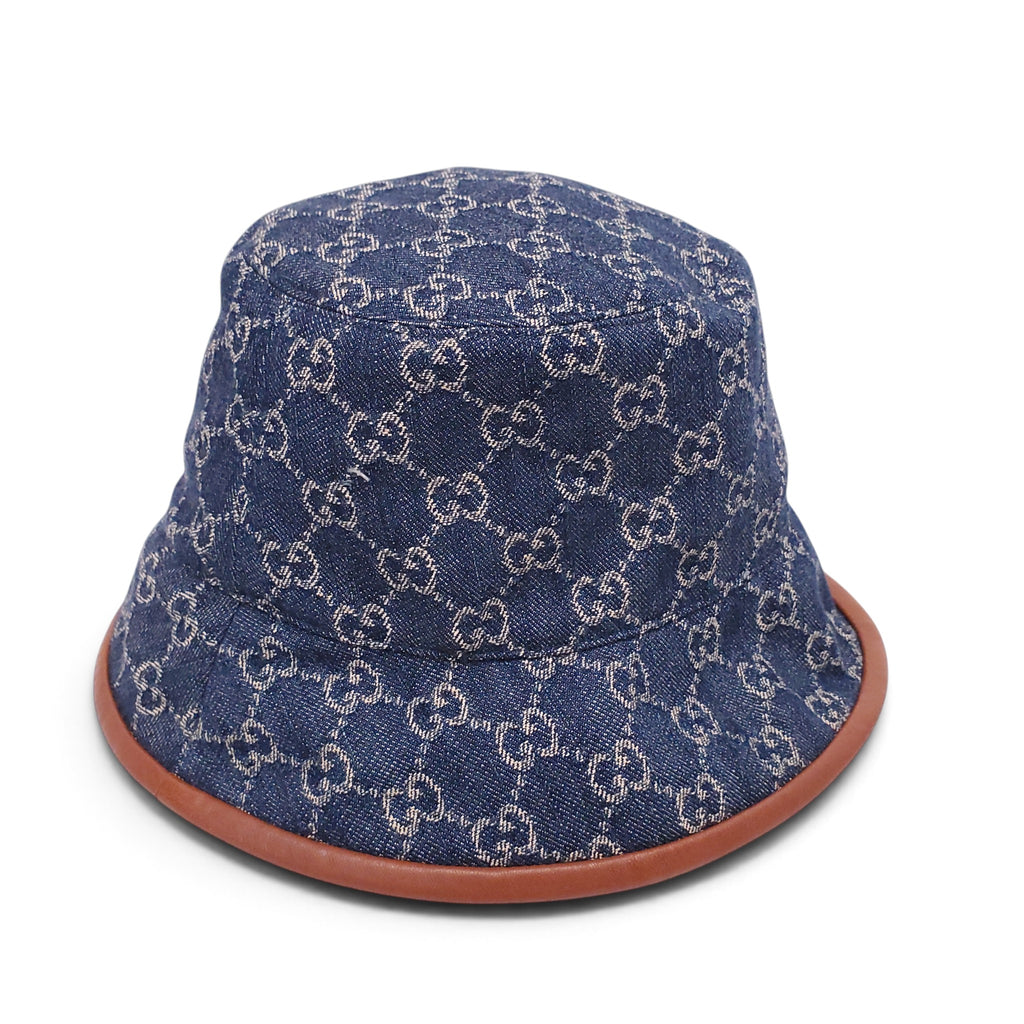 GUCCI BLUE AND BROWN MONOGRAM DENIM WITH LEATHER TRIM BUCKET HAT - SIZE M
