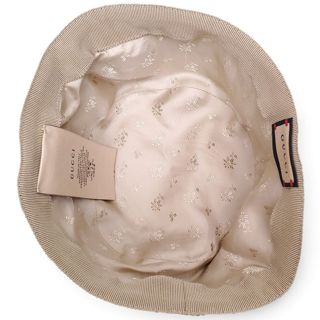 GUCCI BLUE AND BROWN MONOGRAM DENIM WITH LEATHER TRIM BUCKET HAT - SIZE M