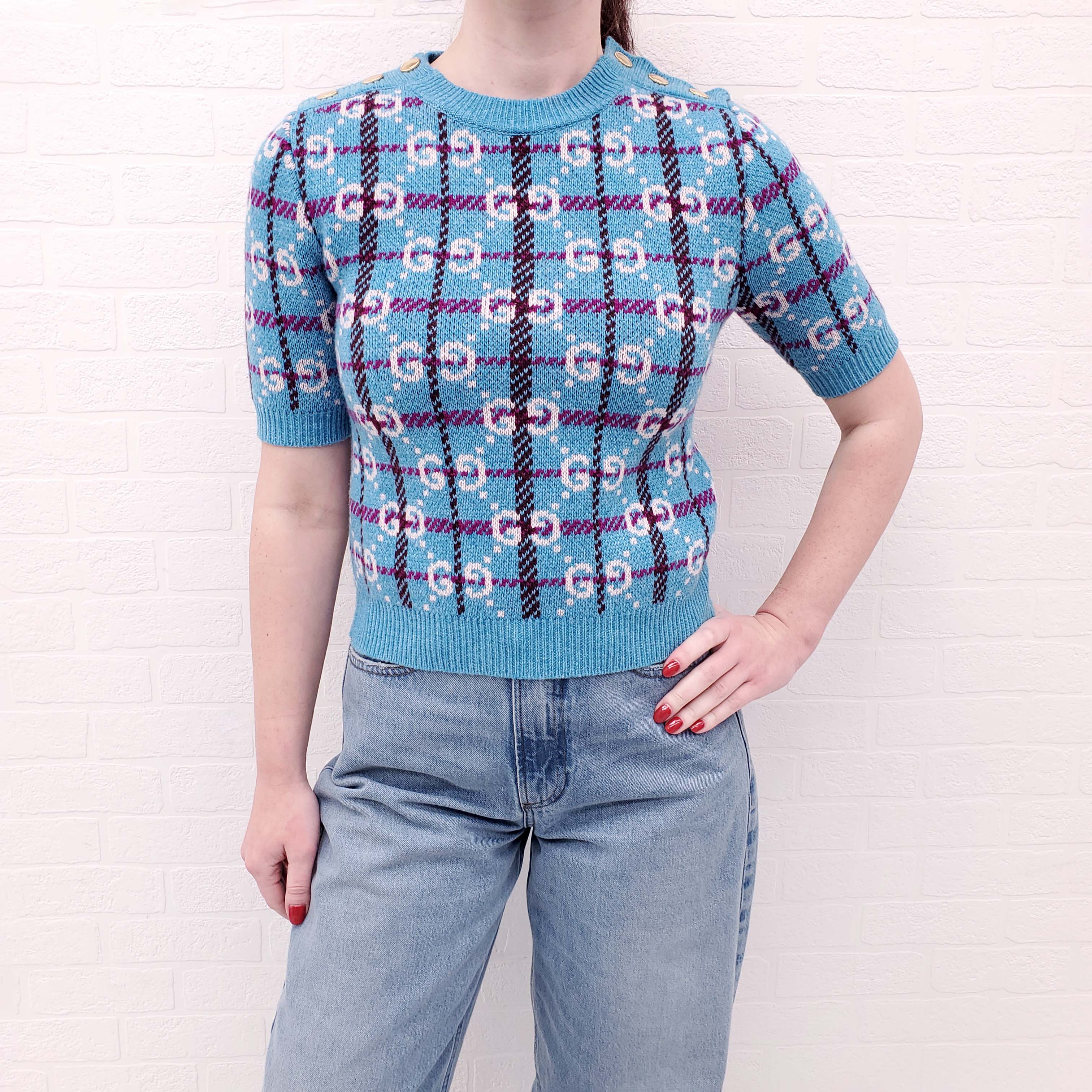 GUCCI BLUE CHECK GG LOGO JACQUARD WOOL SHORT SLEEVE SWEATER - SIZE XS