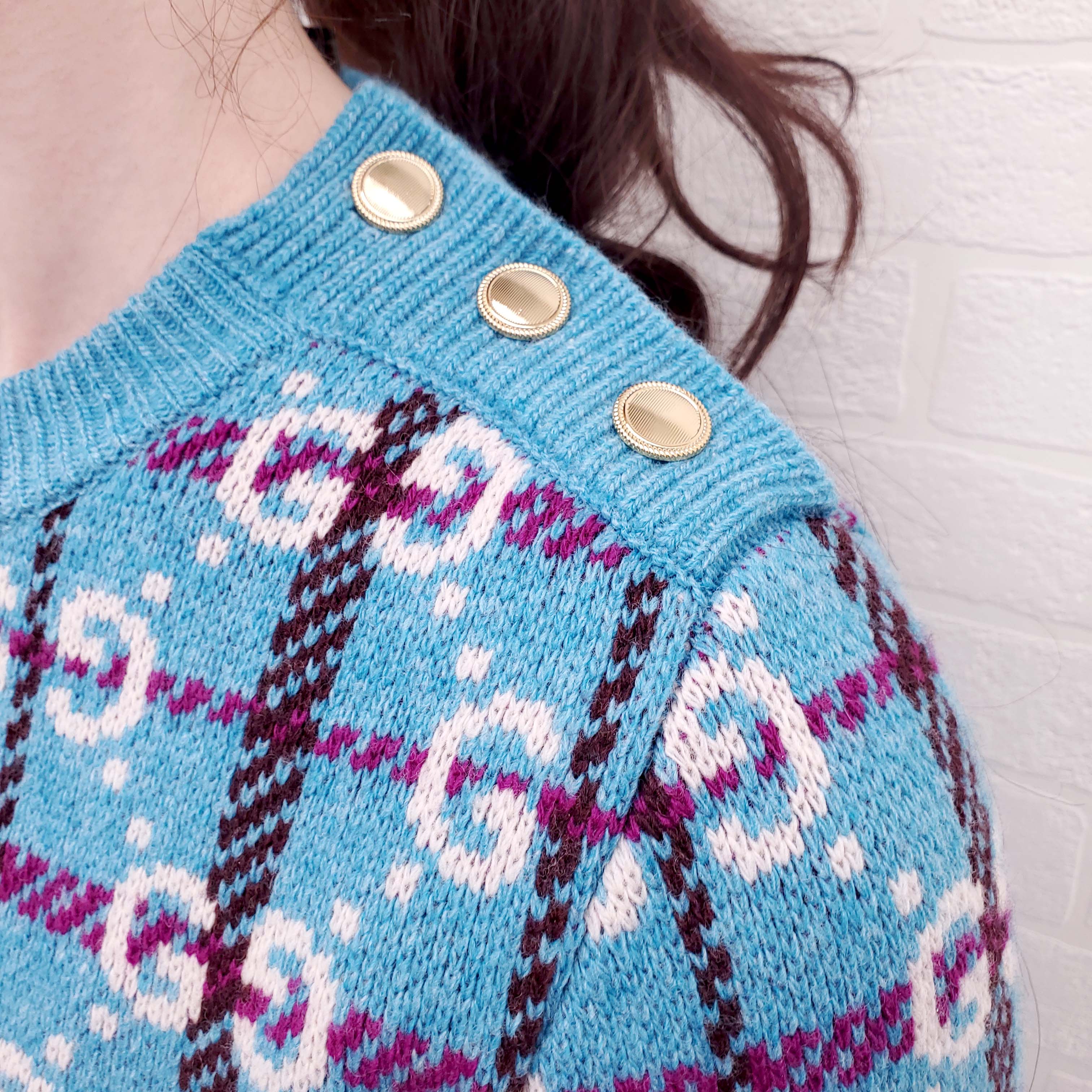 GUCCI BLUE CHECK GG LOGO JACQUARD WOOL SHORT SLEEVE SWEATER - SIZE XS