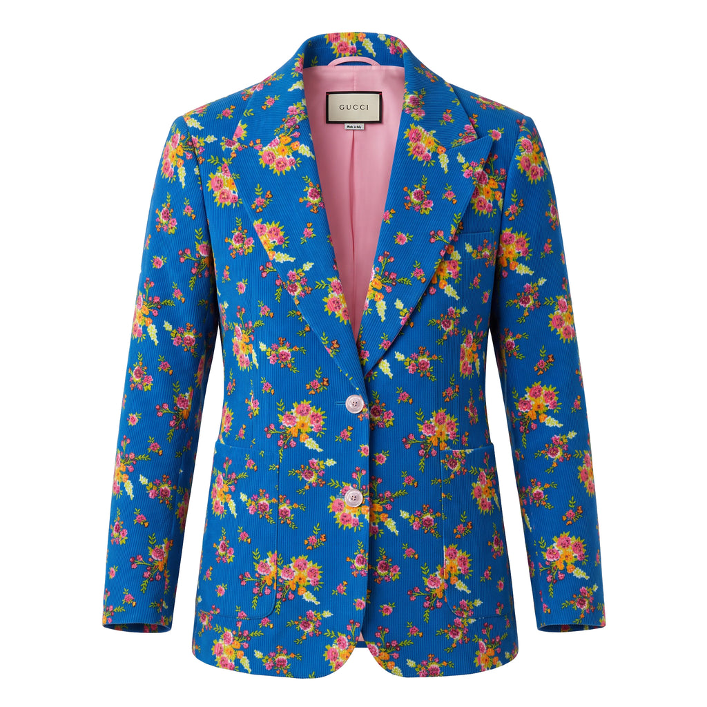 GUCCI BLUE FLORAL CORDUROY BLAZER - SIZE 44