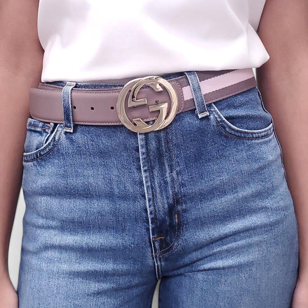 GUCCI BROWN AND PINK LOGO BELT - SIZE 90