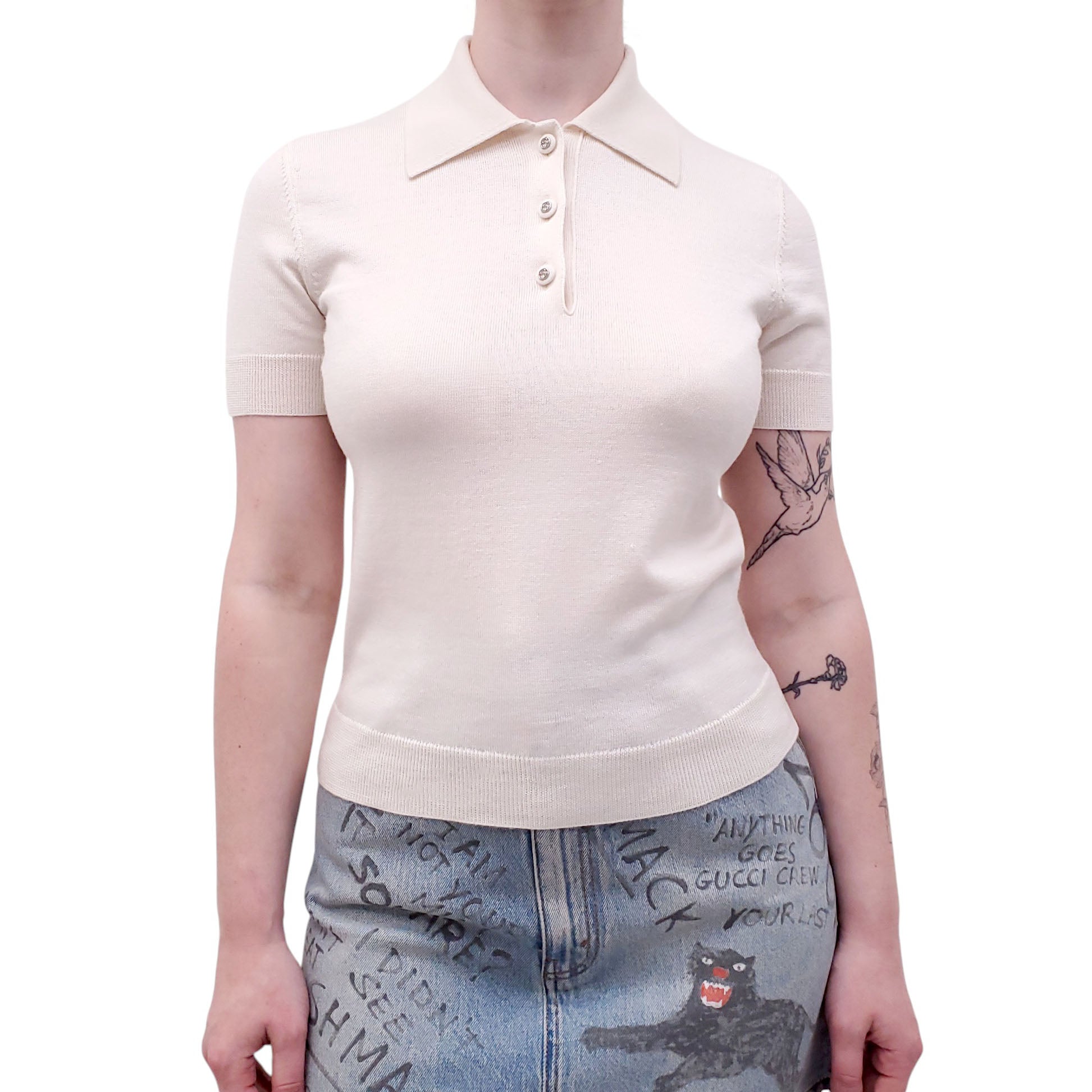 GUCCI CREAM SHORT SLEEVE POLO SWEATER WITH GG LOGO - SIZE S