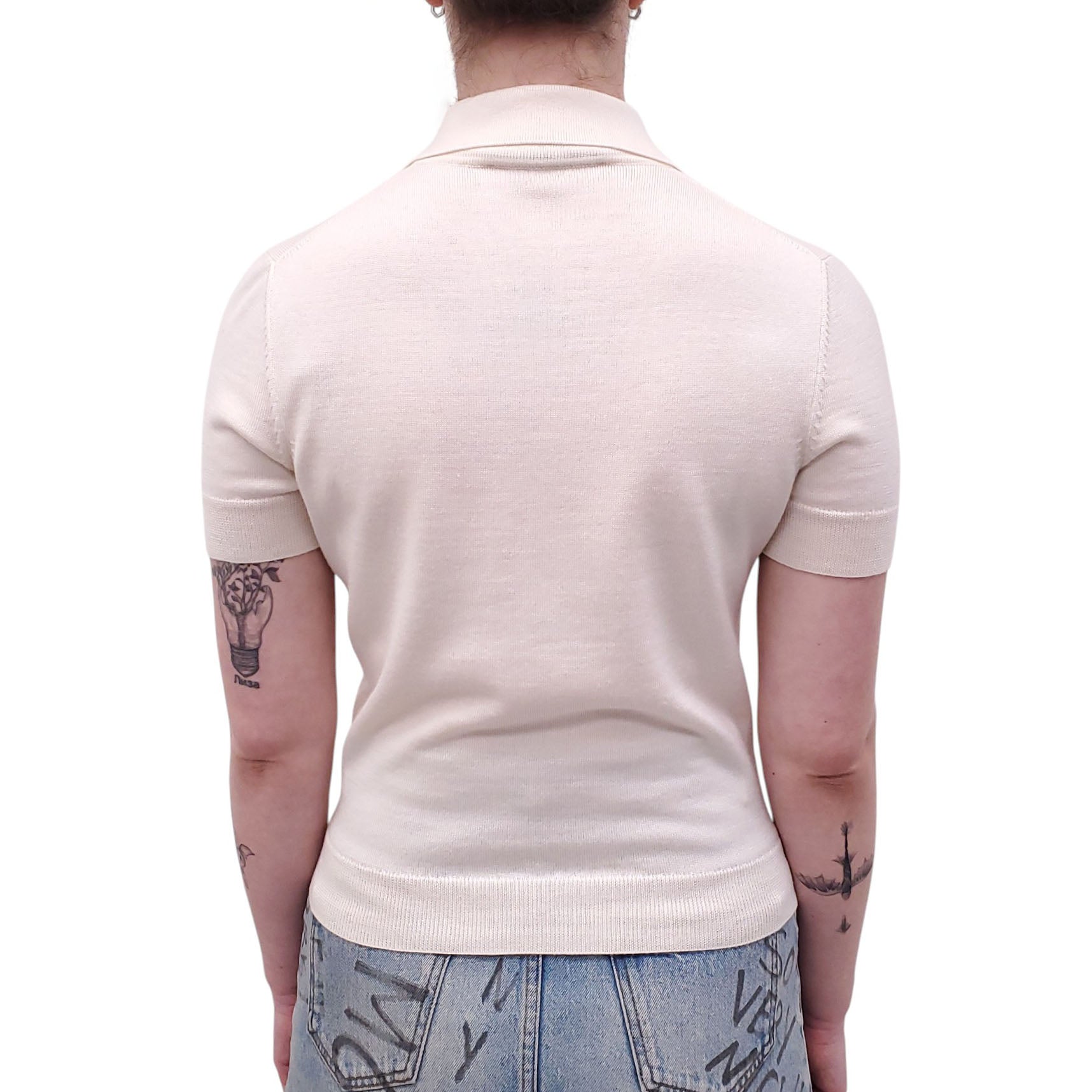 GUCCI CREAM SHORT SLEEVE POLO SWEATER WITH GG LOGO - SIZE S