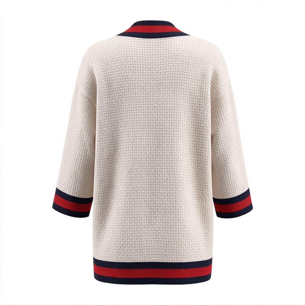 GUCCI CREAM TWEED OVERSIZED SWEATER JACKET WITH WEB DETAIL AND PEARL BUTTONS - SIZE 40