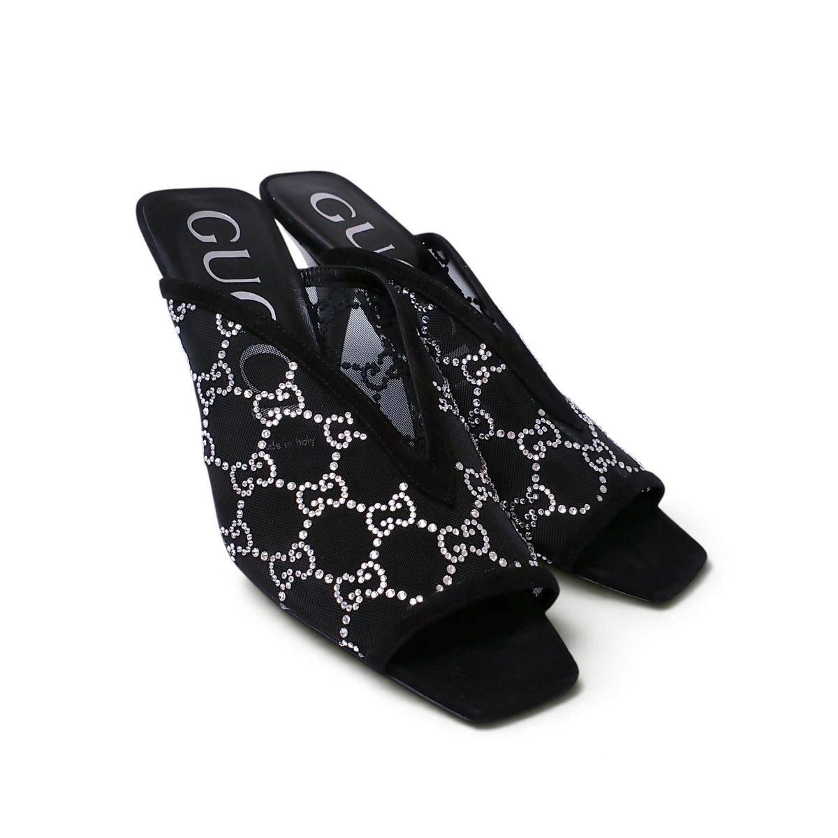 GUCCI CRYSTAL BLACK LOGO MULES  - SIZE 39