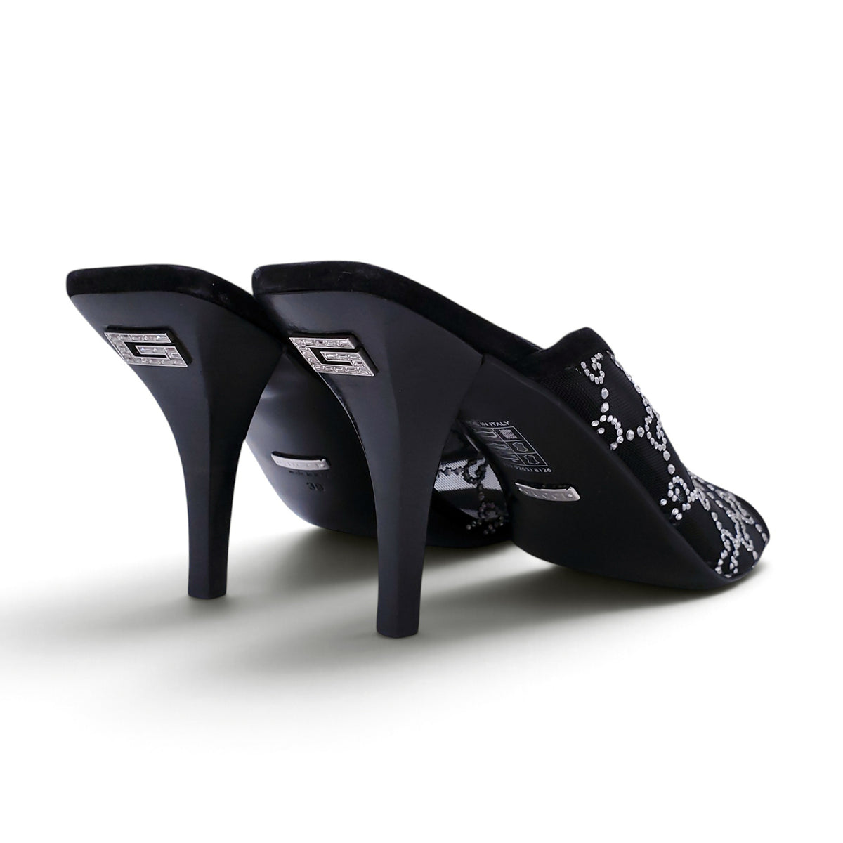 GUCCI CRYSTAL BLACK LOGO MULES  - SIZE 39